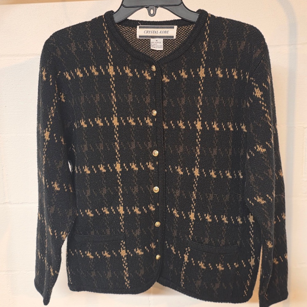 Vintage Crystal Kobe Womens M Black Plaid Gold Button Front Cardigan Sweater